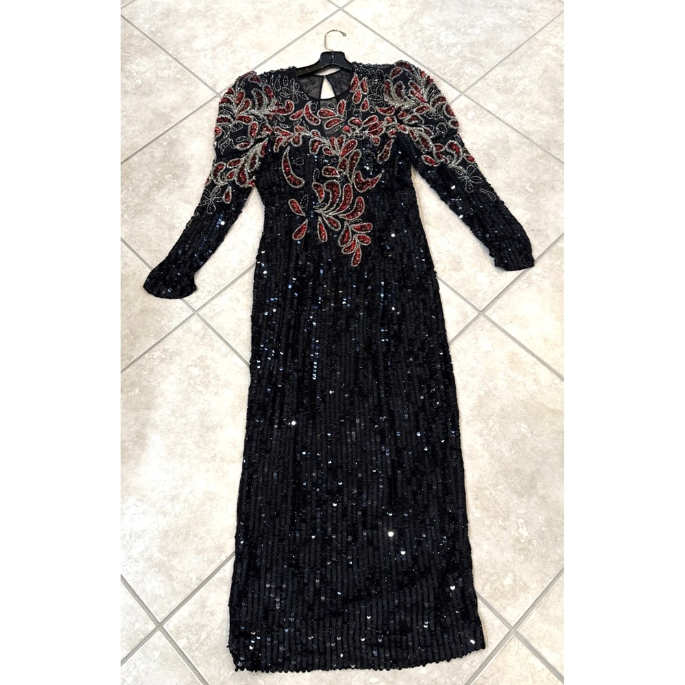 VTG 90s‎ Niteline Dress Women Sz 6 Black Silk All Sequin Floral Beaded Maxi Gown